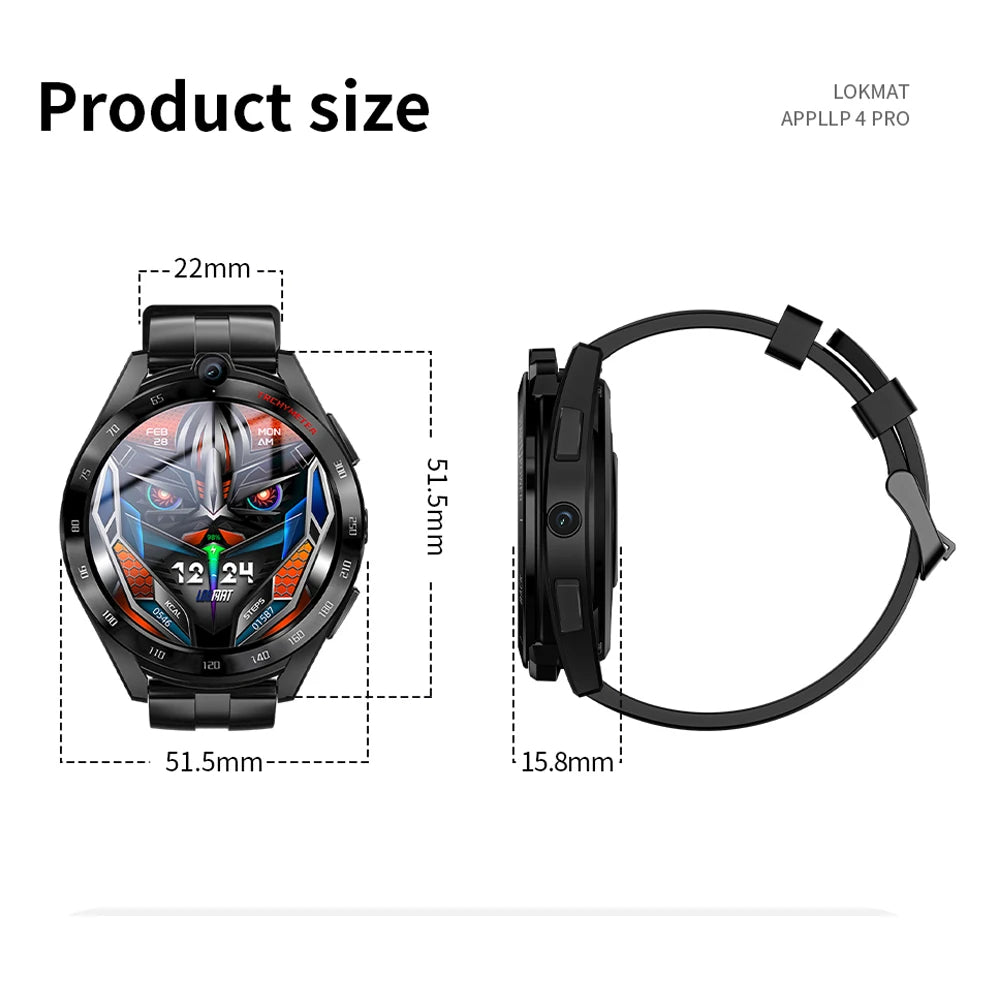 LOKMAT APPLLP 4 PRO Smart Watch Phone Android 11 Wifi Dual Camera Full Round Touch 4G Smartwatches Men RAM 4G ROM 128G GPS Watch