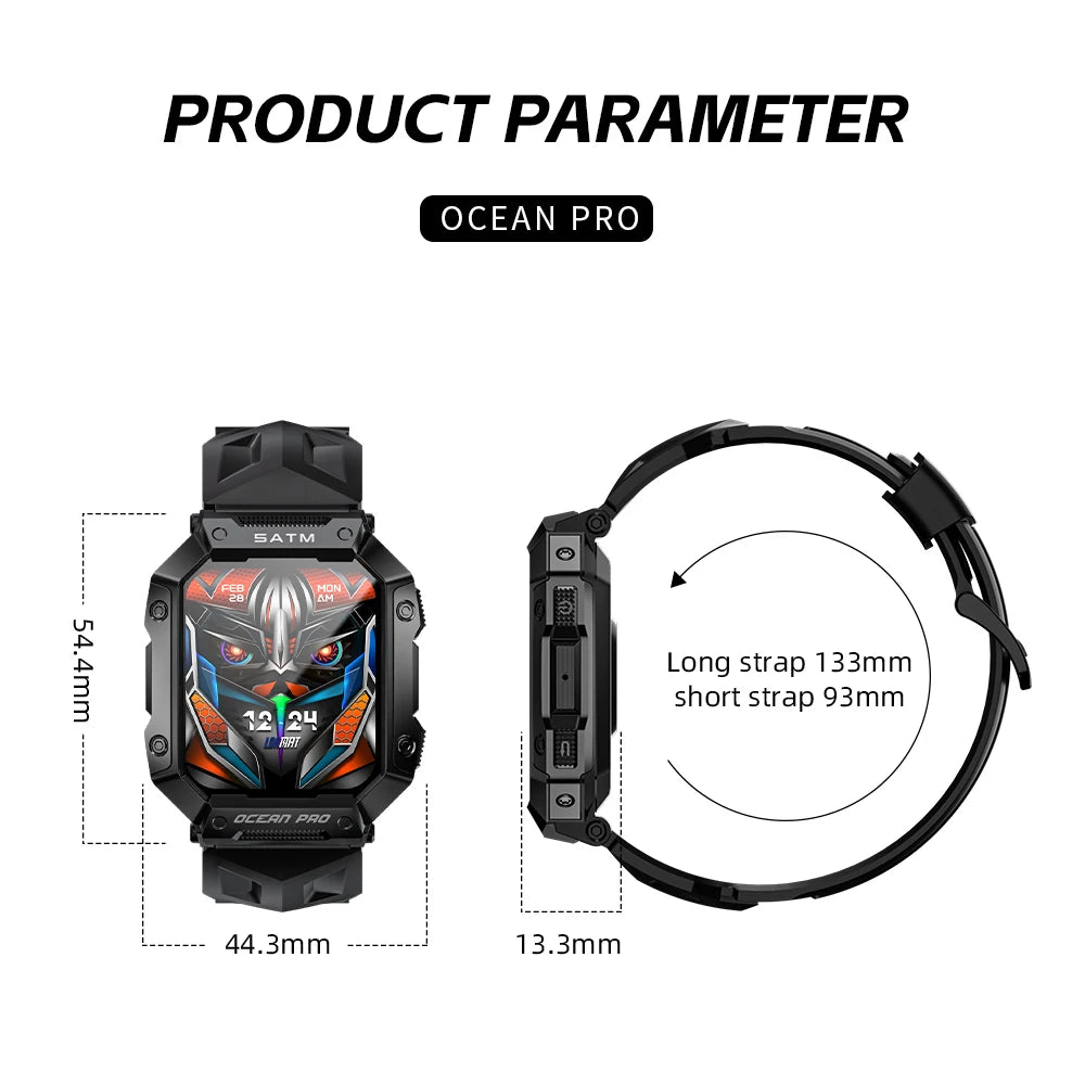 LOKMAT Ocean Pro Sport Smart Watch 5ATM Waterproof Big Full Touch Screen Rugged Smartwatches Fitness Tracker Heart Rate Monitor